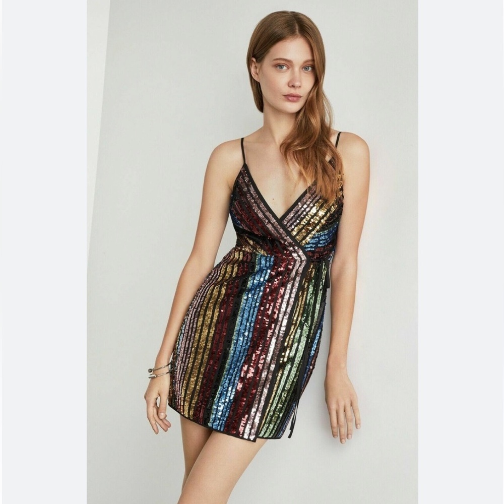 BCBG sequin party cocktail wrap dress size 6 multicolor shimmery MSRP $298